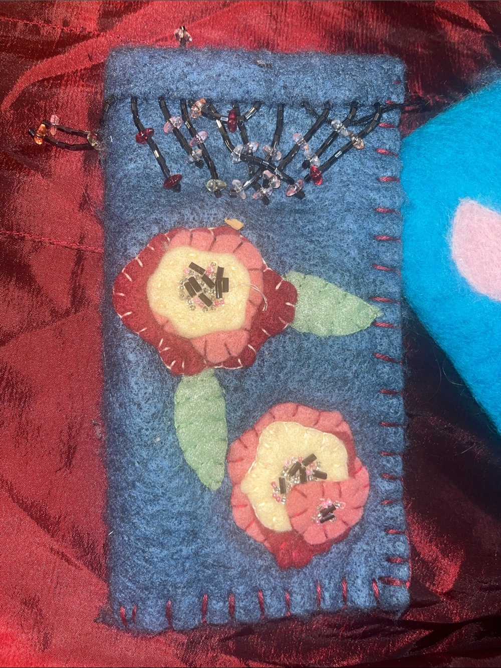 Handmade Blue Felt Kids Wallet with Birds and glass case with embellishments 10 - Picture 2 of 6